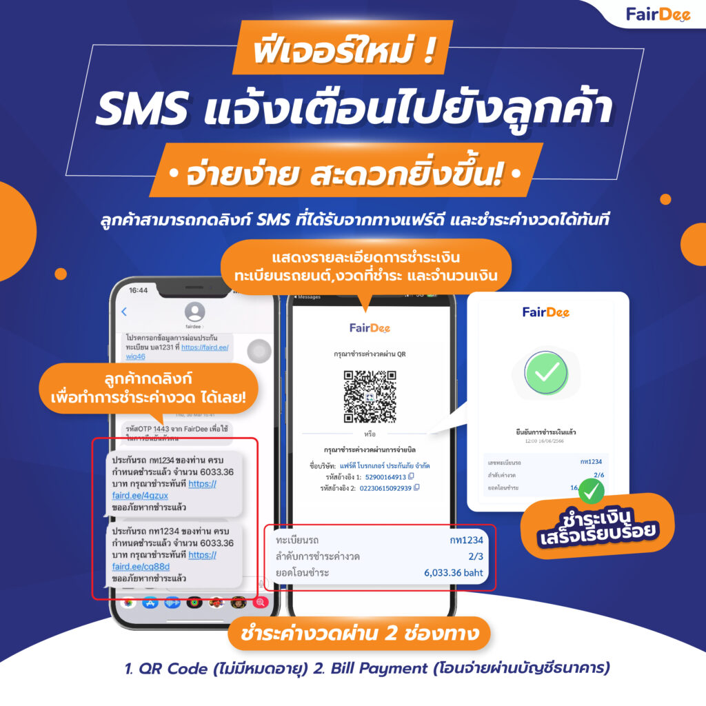 แจ้งเตือน SMS ลูกค้าสามารถชำระค่างวดต่อไป ได้ผ่านระบบ