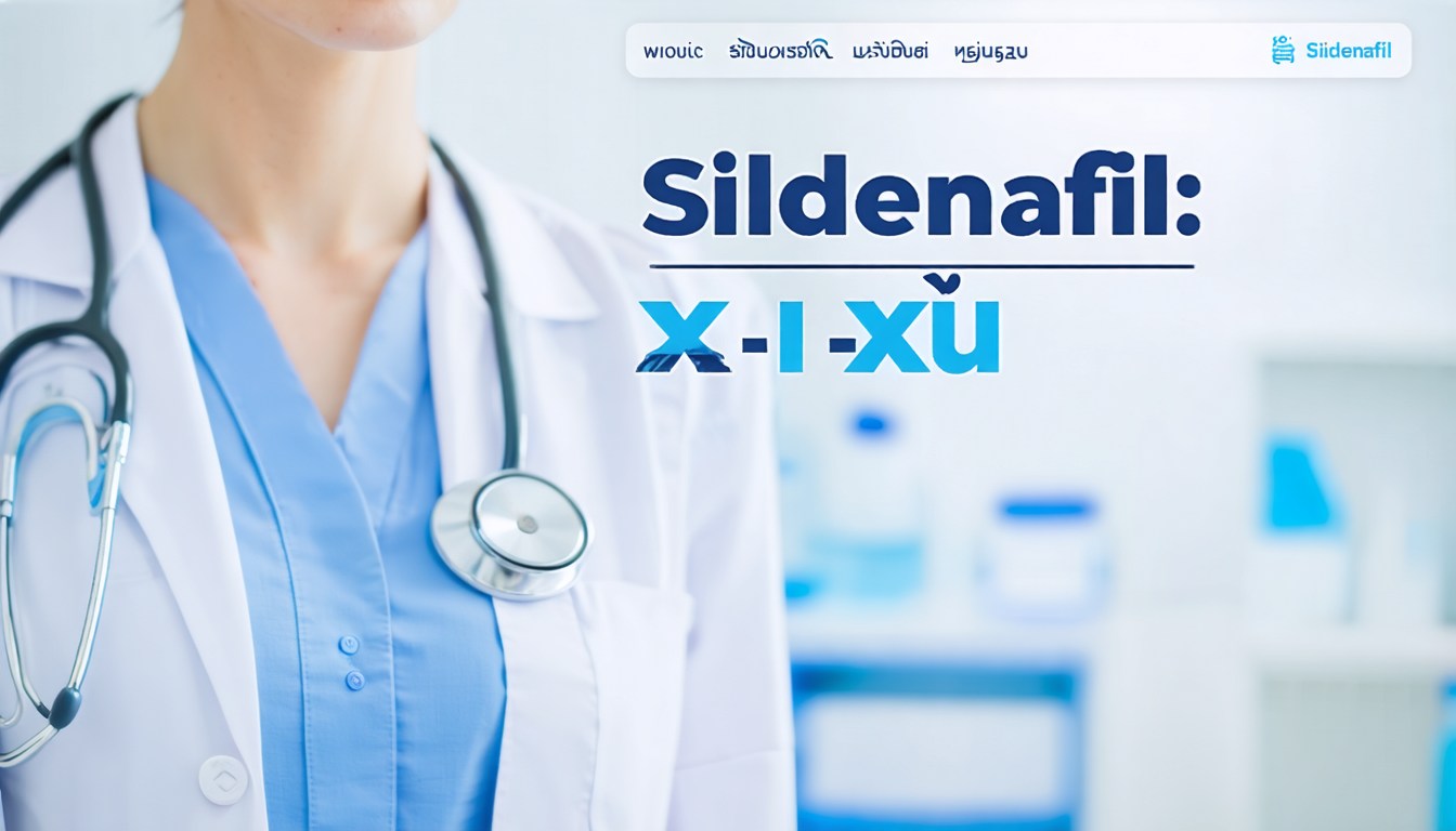 แผงยา Sildenafil วางบนโต๊ะ พร้อมเอกสารข้อมูลทางการแพทย์เกี่ยวกับการรักษาภาวะหย่อนสมรรถภาพทางเพศ
